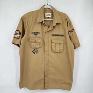 Men's Drunknmunky Patch and Pocket Khaki Button Front XL Extra Large